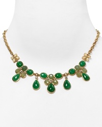 Clustered with jade, aventurine, and crystal stones, Carolee Lux's plated frontal necklace is a bold take on the floral motif. Clustered with jade, aventurine, and crystal stones, Carolee Lux's plated frontal necklace is a bold take on the floral motif.