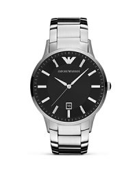 This Emporio Armani piece works hard with a versatile style that goes on-and-off the clock, crafted of a stainless steel case with a matte black dial as a modern counterpart. This Emporio Armani piece works hard with a versatile style that goes on-and-off the clock, crafted of a stainless steel case with a matte black dial as a modern counterpart.