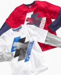Puma coming and going: A two-in-one spliced Slider T-Shirt that proudly puts its Puma logo front and center-and adds another Puma cat on the upper back. Puma coming and going: A two-in-one spliced Slider T-Shirt that proudly puts its Puma logo front and center-and adds another Puma cat on the upper back.