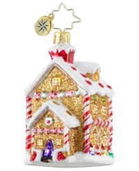 A sweet treat. Crafted of luxe gold sparkles, minty candy canes and fruity gum drops, this ornament from Christopher Radko exudes holiday cheer upon your tree. Sugary sparkles drape the house in frosty snow. A sweet treat. Crafted of luxe gold sparkles, minty candy canes and fruity gum drops, this ornament from Christopher Radko exudes holiday cheer upon your tree. Sugary sparkles drape the house in frosty snow.