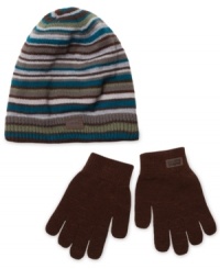 Stripe up his style with this cozy hat from Levi's, with matching gloves to give fingers toasty warm. Stripe up his style with this cozy hat from Levi's, with matching gloves to give fingers toasty warm.