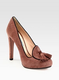 Suede platform design with contrast piping and tassel detail. Self-covered heel, 3¾ (95mm)Hidden platform, ¾ (20mm)Compares to a 3 heel (75mm)Suede upperLeather lining and solePadded insoleMade in Italy Suede platform design with contrast piping and tassel detail. Self-covered heel, 3¾ (95mm)Hidden platform, ¾ (20mm)Compares to a 3 heel (75mm)Suede upperLeather lining and solePadded insoleMade in Italy