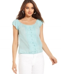 A subtle geometric design gives an ethereal peasant top from Studio M a distinctly modern feel. Wear this boho-inspired style with denim and your favorite statement jewelry for effortless chic. A subtle geometric design gives an ethereal peasant top from Studio M a distinctly modern feel. Wear this boho-inspired style with denim and your favorite statement jewelry for effortless chic.