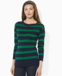 Crafted from fine-ribbed cotton for an indulgently soft feel, Lauren Jeans Co.'s versatile tee with wide stripes, a graceful boatneck and antiqued buttons at the shoulder exudes relaxed refinement. (Clearance) Crafted from fine-ribbed cotton for an indulgently soft feel, Lauren Jeans Co.'s versatile tee with wide stripes, a graceful boatneck and antiqued buttons at the shoulder exudes relaxed refinement. (Clearance)
