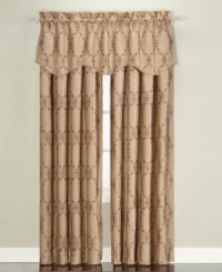 Featuring scrolling Floral Trellis embroidery over shimmering color, the Manchester window valance presents a decidedly elegant and regal appearance to any room. Convenient interlining makes for gorgeous draping and year-round energy efficiency. Featuring scrolling Floral Trellis embroidery over shimmering color, the Manchester window valance presents a decidedly elegant and regal appearance to any room. Convenient interlining makes for gorgeous draping and year-round energy efficiency.