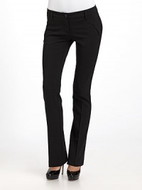 THE LOOKNarrow waistband with belt loops and logo button closureFront zipperAngled pockets with satin trimDual welt pockets with satin trim at backTHE FITRise, about 8Inseam, about 33THE MATERIAL52% polyester/43% virgin wool/5% elastaneCARE & ORIGINDry cleanImported THE LOOKNarrow waistband with belt loops and logo button closureFront zipperAngled pockets with satin trimDual welt pockets with satin trim at backTHE FITRise, about 8Inseam, about 33THE MATERIAL52% polyester/43% virgin wool/5% elastaneCARE & ORIGINDry cleanImported