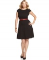 Jones New York's black dress is anything but ordinary-the coordinating red belt accentuates the classic-chic A-line silhouette.