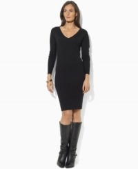 Lauren Ralph Lauren's classic petite sweater dress is knit in ultra-soft merino wool for season-spanning style. Lauren Ralph Lauren's classic petite sweater dress is knit in ultra-soft merino wool for season-spanning style.