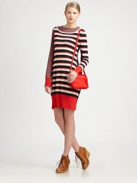 Multitude of contrasting stripes and a tiered neckline add a chic, layered look to this featherweight wool sweater dress. Layered boatneckLong sleevesBanded cuffs and hemAbout 23 from natural waistWoolDry cleanImportedModel shown is 5'10 (177cm) wearing US size Small. Multitude of contrasting stripes and a tiered neckline add a chic, layered look to this featherweight wool sweater dress. Layered boatneckLong sleevesBanded cuffs and hemAbout 23 from natural waistWoolDry cleanImportedModel shown is 5'10 (177cm) wearing US size Small.