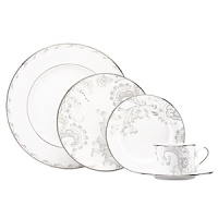 Paisley Bloom brings Marchesa's signature beaded accents to life on a tailored white bone dinnerware body. Silver mica and platinum decorate the rim for added appeal. The unique artistry of paisley and florals create a graceful tabletop collection that is romantic and refined, perfect for every dinner party. Paisley Bloom brings Marchesa's signature beaded accents to life on a tailored white bone dinnerware body. Silver mica and platinum decorate the rim for added appeal. The unique artistry of paisley and florals create a graceful tabletop collection that is romantic and refined, perfect for every dinner party.