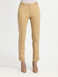 Rework the classic flat front style with a cuffed hem and modern cropped cut.Narrow waistband with belt loops and button closure and interior button tab Front zipper Angled side pockets Cuffed hem Inseam, about 28½ 97% cotton/3% other fibers Dry clean Made in Italy Rework the classic flat front style with a cuffed hem and modern cropped cut.Narrow waistband with belt loops and button closure and interior button tab Front zipper Angled side pockets Cuffed hem Inseam, about 28½ 97% cotton/3% other fibers Dry clean Made in Italy