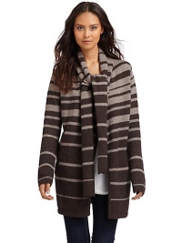 THE LOOKAllover stripe printShawl collarCoordinating scarf detailDual seam pocketsTHE FITAbout 30 from shoulder to hemTHE MATERIALWool/nylon/alpacaCARE & ORIGINDry cleanImportedModel shown is 5'8 (172½cm) wearing US size Small. THE LOOKAllover stripe printShawl collarCoordinating scarf detailDual seam pocketsTHE FITAbout 30 from shoulder to hemTHE MATERIALWool/nylon/alpacaCARE & ORIGINDry cleanImportedModel shown is 5'8 (172½cm) wearing US size Small.