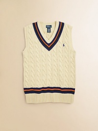 This essential sweater vest is rendered in handsome cable-knit cotton with preppy stripes.V-neckSleevelessPullover styleCottonMachine washImported This essential sweater vest is rendered in handsome cable-knit cotton with preppy stripes.V-neckSleevelessPullover styleCottonMachine washImported