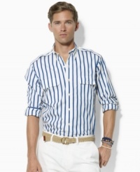 A handsome sport shirt is accented with Ralph Lauren's embroidered pony and cut for a relaxed, comfortable fit in striped cotton broadcloth. A handsome sport shirt is accented with Ralph Lauren's embroidered pony and cut for a relaxed, comfortable fit in striped cotton broadcloth.