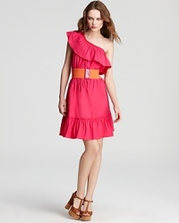 A wide, neon-hued belt creates a colorful contrast on this Max & Cleo dress, featuring ruffles at the neckline and hem for feminine charm. A wide, neon-hued belt creates a colorful contrast on this Max & Cleo dress, featuring ruffles at the neckline and hem for feminine charm.