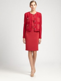 Brightly-hued knit bouclé, accented with chic goldtone buttons.Jewel necklineButton frontButton patch pocketsAbout 22 from shoulder to hemWool/rayonDry cleanMade in USA Model shown is 5'10 (177cm) wearing US size 4. Brightly-hued knit bouclé, accented with chic goldtone buttons.Jewel necklineButton frontButton patch pocketsAbout 22 from shoulder to hemWool/rayonDry cleanMade in USA Model shown is 5'10 (177cm) wearing US size 4.