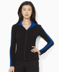 Lauren by Ralph Lauren's stylish rib-knit lends chic warmth to a classic full-zip cardigan, rendered in soft, lightweight cotton with sleek contrasting stripes. Lauren by Ralph Lauren's stylish rib-knit lends chic warmth to a classic full-zip cardigan, rendered in soft, lightweight cotton with sleek contrasting stripes.