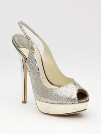 From the 24:7 Collection. Glittered cotton-blend design with an adjustable slingback, metallic leather trim and a classic peep toe.Metallic leather heel, 5¾ (145mm) Metallic leather platform, 1½ (40mm) Compares to a 4¼ heel (110mm) Cotton-blend and metallic leather upper Leather lining and sole Padded insole Made in ItalyOUR FIT MODEL RECOMMENDS ordering one size up as this style runs small. From the 24:7 Collection. Glittered cotton-blend design with an adjustable slingback, metallic leather trim and a classic peep toe.Metallic leather heel, 5¾ (145mm) Metallic leather platform, 1½ (40mm) Compares to a 4¼ heel (110mm) Cotton-blend and metallic leather upper Leather lining and sole Padded insole Made in ItalyOUR FIT MODEL RECOMMENDS ordering one size up as this style runs small.