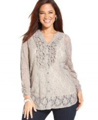 Delight from desk to dinner in Style&co.'s lace plus size top, accented by a ruffled front-- it's an instant classic! Delight from desk to dinner in Style&co.'s lace plus size top, accented by a ruffled front-- it's an instant classic!