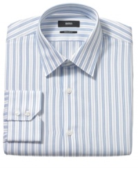 With a strong stripe, this Hugo Boss shirt makes a sophisticated statement in any wardrobe. With a strong stripe, this Hugo Boss shirt makes a sophisticated statement in any wardrobe.