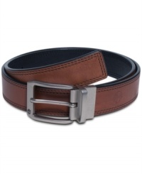 Double edge stitch leather belt by Timberland is reversible for 2 different unique looks. Double edge stitch leather belt by Timberland is reversible for 2 different unique looks.