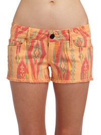 THE LOOKColorful ikat printWide waistband with belt loopsFront button closure with zip flyFive-pocket styleRemovable logo charm at belt loopRaw edge hemPyramid studs at back pocketTHE FITRise, about 6Inseam, about 3THE MATERIAL43% lyocell/26% cotton/17% rayon/13% polyester/1% spandexCARE & ORIGINMachine washImported of domestic fabricModel shown is 5'10 (177cm) wearing US size Small. THE LOOKColorful ikat printWide waistband with belt loopsFront button closure with zip flyFive-pocket styleRemovable logo charm at belt loopRaw edge hemPyramid studs at back pocketTHE FITRise, about 6Inseam, about 3THE MATERIAL43% lyocell/26% cotton/17% rayon/13% polyester/1% spandexCARE & ORIGINMachine washImported of domestic fabricModel shown is 5'10 (177cm) wearing US size Small.