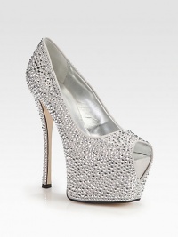 An exaggerated heel and platform take this glittery crystal-coated suede peep toe silhouette to new heights. Self-covered heel, 6 (150mm)Hidden platform, 2½ (65mm)Compares to a 3½ heel (90mm)Swarovski crystal-coated suede upperPeep toeLeather lining and solePadded insoleMade in Italy An exaggerated heel and platform take this glittery crystal-coated suede peep toe silhouette to new heights. Self-covered heel, 6 (150mm)Hidden platform, 2½ (65mm)Compares to a 3½ heel (90mm)Swarovski crystal-coated suede upperPeep toeLeather lining and solePadded insoleMade in Italy