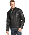 It's time to rev up your outerwear with this edgy leather motorcycle jacket from Calvin Klein.