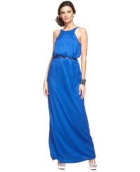 Fit for a goddess: JS Collections' floor length gown features a dramatic V-neckline at the back and the silhouette is cinched to perfection with a matching belt. (Clearance)