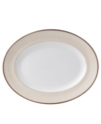 A subtle linear pattern, tiny check detail and lustrous gold banding make this Wedgwood oval platter a beautiful complement to the exotic florals of Pashmina dinnerware. In dishwasher-safe bone china for effortless elegance. A subtle linear pattern, tiny check detail and lustrous gold banding make this Wedgwood oval platter a beautiful complement to the exotic florals of Pashmina dinnerware. In dishwasher-safe bone china for effortless elegance.