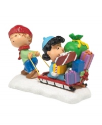 Rerun plays reindeer, pulling bossy sister Lucy and her presents home on their little red sleigh in this adorable figurine from the Peanuts Village collection. From Department 56. Rerun plays reindeer, pulling bossy sister Lucy and her presents home on their little red sleigh in this adorable figurine from the Peanuts Village collection. From Department 56.