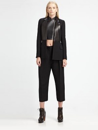 Bonded leather collar brings edgy-chic vibes to this timelessly tailored wool blazer. Notched, bonded leather collarLong sleevesSingle button closureFront flap pocketsBack ventAbout 27 from shoulder to hemBody: Wool/viscoseTrim: LeatherDry clean with leather specialistImported of Italian fabricSIZE & FITModel shown is 5'10 (177cm) wearing US size 4. Bonded leather collar brings edgy-chic vibes to this timelessly tailored wool blazer. Notched, bonded leather collarLong sleevesSingle button closureFront flap pocketsBack ventAbout 27 from shoulder to hemBody: Wool/viscoseTrim: LeatherDry clean with leather specialistImported of Italian fabricSIZE & FITModel shown is 5'10 (177cm) wearing US size 4.
