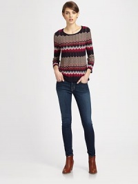 Contrasting zig-zag pattern adds '70s flair to this fitted knit with three-quarter sleeves. RoundneckThree-quarter sleevesViscoseHand washImportedModel shown is 5'9 (176cm) wearing US size Small. Contrasting zig-zag pattern adds '70s flair to this fitted knit with three-quarter sleeves. RoundneckThree-quarter sleevesViscoseHand washImportedModel shown is 5'9 (176cm) wearing US size Small.