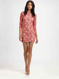 Vibrant floral lace in a fitted, leg-baring sheath that's alluring and feminine.BoatneckThree-quarter sleevesBack VCenter back zipperAbout 17 from natural waistNylonDry cleanImportedModel shown is 5'9 (177cm) wearing US size 4.OUR FIT MODEL RECOMMENDS ordering true size. Vibrant floral lace in a fitted, leg-baring sheath that's alluring and feminine.BoatneckThree-quarter sleevesBack VCenter back zipperAbout 17 from natural waistNylonDry cleanImportedModel shown is 5'9 (177cm) wearing US size 4.OUR FIT MODEL RECOMMENDS ordering true size.