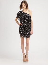 Retro-chic polka dots pop on airy silk chiffon in a comely ruffled mini.One-shoulder overlayBlouson bodiceDrawstring waistAbout 14 from natural waistSilkDry cleanImportedModel shown is 5'9 (175cm) wearing US size Small. Retro-chic polka dots pop on airy silk chiffon in a comely ruffled mini.One-shoulder overlayBlouson bodiceDrawstring waistAbout 14 from natural waistSilkDry cleanImportedModel shown is 5'9 (175cm) wearing US size Small.