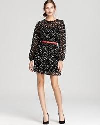 Playful polka dots lend charm to this printed Ali Ro dress, equipped with a vibrant belt for a bright splash of color.
