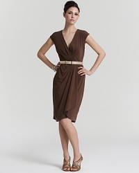 A sleek belt lends waist-cinching polish to this utterly sophisticated yet completely effortless Anne Klein Dress V-neck dress.