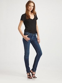 Ultra-skinny stretch in classic dark wash, lightly distressed for a lived-in look.THE FITSkinny fitRise, about 8Inseam, about 31THE DETAILSZip flyFive-pocket styleBack patch pockets98% cotton/2% elastaneMachine washMade in USA of imported fabricModel shown is 5'10 (177cm) wearing US size 4. Ultra-skinny stretch in classic dark wash, lightly distressed for a lived-in look.THE FITSkinny fitRise, about 8Inseam, about 31THE DETAILSZip flyFive-pocket styleBack patch pockets98% cotton/2% elastaneMachine washMade in USA of imported fabricModel shown is 5'10 (177cm) wearing US size 4.