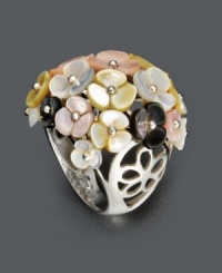 Add a little spring to your step with this beautiful bouquet. Ring features multicolored flowers crafted in cultured mother of pearl (6-10 mm). Band features an ornate flower design set in sterling silver. Size 7. Add a little spring to your step with this beautiful bouquet. Ring features multicolored flowers crafted in cultured mother of pearl (6-10 mm). Band features an ornate flower design set in sterling silver. Size 7.