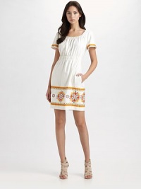 Soft, shirred silk silhouette defined by vintage-inspired embroidery. Shirred neckline Pullover Embroidered short sleeves Shirred elastic waistband Scoopback Fully lined About 22 from natural waist Silk Dry clean Imported Soft, shirred silk silhouette defined by vintage-inspired embroidery. Shirred neckline Pullover Embroidered short sleeves Shirred elastic waistband Scoopback Fully lined About 22 from natural waist Silk Dry clean Imported
