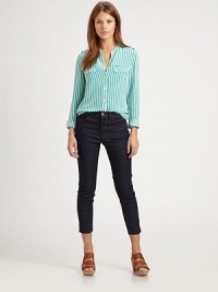 Delicate stripes on airy silk in a sleekly tailored button-down.Band collarEpaulettesChest pocketsButton-down placketShirttail hem longer in backAbout 23 from shoulder to hemSilkDry cleanImportedModel shown is 5'8½ (174cm) wearing US size Small. Delicate stripes on airy silk in a sleekly tailored button-down.Band collarEpaulettesChest pocketsButton-down placketShirttail hem longer in backAbout 23 from shoulder to hemSilkDry cleanImportedModel shown is 5'8½ (174cm) wearing US size Small.