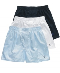Classic woven boxers in a variety of heritage Ralph Lauren solids in one convenient 3 pack. Classic woven boxers in a variety of heritage Ralph Lauren solids in one convenient 3 pack.