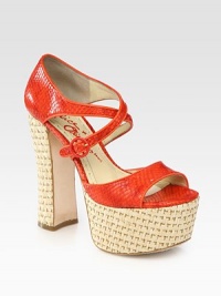 Textured straw-covered heel and platform, topped with lively snake-embossed leather straps. Straw-covered heel, 5½ (140mm)Straw-covered platform, 2 (50mm)Compares to a 3½ heel (90mm)Snake-embossed leather upperLeather liningBuffed leather solePadded insoleImportedOUR FIT MODEL RECOMMENDS ordering one half size up as this style runs small. Textured straw-covered heel and platform, topped with lively snake-embossed leather straps. Straw-covered heel, 5½ (140mm)Straw-covered platform, 2 (50mm)Compares to a 3½ heel (90mm)Snake-embossed leather upperLeather liningBuffed leather solePadded insoleImportedOUR FIT MODEL RECOMMENDS ordering one half size up as this style runs small.
