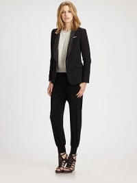 Luxe satin lapels and matching piping details elevate this impeccably tailored silhouette.Satin shawl lapelsWelt breast pocketButton closureThree flap pocketsButton cuffsDouble-vented backFully linedAbout 23 from shoulder to hem50% acetate/32% rayon/18% polyesterDry cleanMade in Italy of imported fabricModel shown is 5'9 (175cm) wearing US size 4. Luxe satin lapels and matching piping details elevate this impeccably tailored silhouette.Satin shawl lapelsWelt breast pocketButton closureThree flap pocketsButton cuffsDouble-vented backFully linedAbout 23 from shoulder to hem50% acetate/32% rayon/18% polyesterDry cleanMade in Italy of imported fabricModel shown is 5'9 (175cm) wearing US size 4.