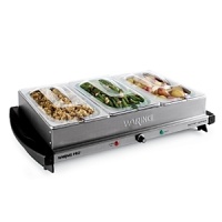 Even if you're not a caterer, the next event you host will have that professional touch. This stainless steel buffet server has three 2.5-quart stainless chafing dishes. Each holds 20 servings (4 oz. portions). The brushed stainless steel base doubles as a warming tray. Manufacturer's limited 1-year warranty. Even if you're not a caterer, the next event you host will have that professional touch. This stainless steel buffet server has three 2.5-quart stainless chafing dishes. Each holds 20 servings (4 oz. portions). The brushed stainless steel base doubles as a warming tray. Manufacturer's limited 1-year warranty.