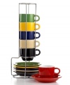 A coffee-break sensation. Gibson's stylish espresso set features cups and saucers in bold solid colors, all neatly stacked in one silvertone caddy.