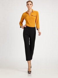This silky, shirt-tailored style features two front pockets and contrasting trim at the cuffs and inner collar.Modified shirt collar with contrast lining trimButton-down flap patch pocketsButton front placketThree-quarter sleeves with button cuffs and contrast trimAbout 26 from shoulder to hem79% acetate/21% silkDry cleanMade in Italy of imported fabricModel shown is 5'11 (180cm) wearing US size 4. This silky, shirt-tailored style features two front pockets and contrasting trim at the cuffs and inner collar.Modified shirt collar with contrast lining trimButton-down flap patch pocketsButton front placketThree-quarter sleeves with button cuffs and contrast trimAbout 26 from shoulder to hem79% acetate/21% silkDry cleanMade in Italy of imported fabricModel shown is 5'11 (180cm) wearing US size 4.