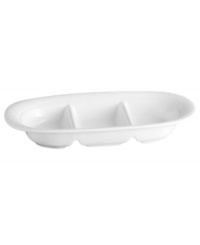 Side by side, colorful appetizers look all the more appetizing in this charming and bright hors d'oeuvre tray. Fresh and understated, this collection features a pure white glaze and elegant modern lines that evoke winter's snow-capped slopes. Side by side, colorful appetizers look all the more appetizing in this charming and bright hors d'oeuvre tray. Fresh and understated, this collection features a pure white glaze and elegant modern lines that evoke winter's snow-capped slopes.