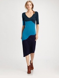 Unique tie-dyed print adds a colorblock effect to this soft jersey design with elbow-length sleeves and an asymmetrical hem. V-neckElbow-length sleevesAsymmetrical hemCombed cottonHand washMade in USA of imported fabricModel shown is 5'9 (176cm) wearing US size Small. Unique tie-dyed print adds a colorblock effect to this soft jersey design with elbow-length sleeves and an asymmetrical hem. V-neckElbow-length sleevesAsymmetrical hemCombed cottonHand washMade in USA of imported fabricModel shown is 5'9 (176cm) wearing US size Small.