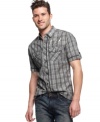 Rock this plaid shirt from Marc Ecko Cut & Sew for a western vibe that will have you rolling in hip downtown style.